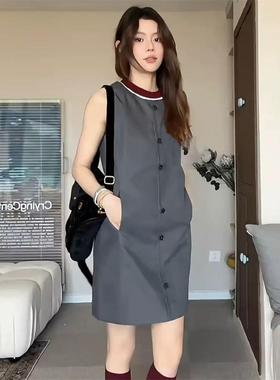 SW羊毛混纺无袖灰色连衣裙女25夏新款撞色毛织圆领H型裙子S1QZ005