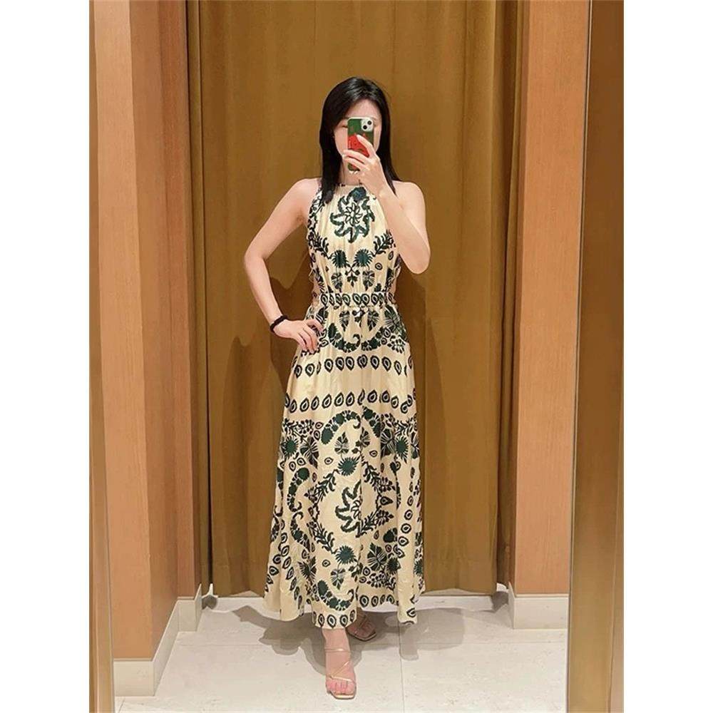 法单S家 法式度假风美肩款树叶图案印花缎面挂脖式高腰连衣裙,女装/女士精品,连衣裙,淘宝优惠券,粉丝福利购,淘宝优惠卷