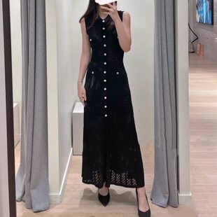 宋茜同款 法单S家25法式优雅单排扣半透视镂空长款无袖针织连衣裙