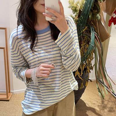 赵露思同款26春ITE宽松休闲条纹长袖T恤蓝色针织衫防晒打底上衣