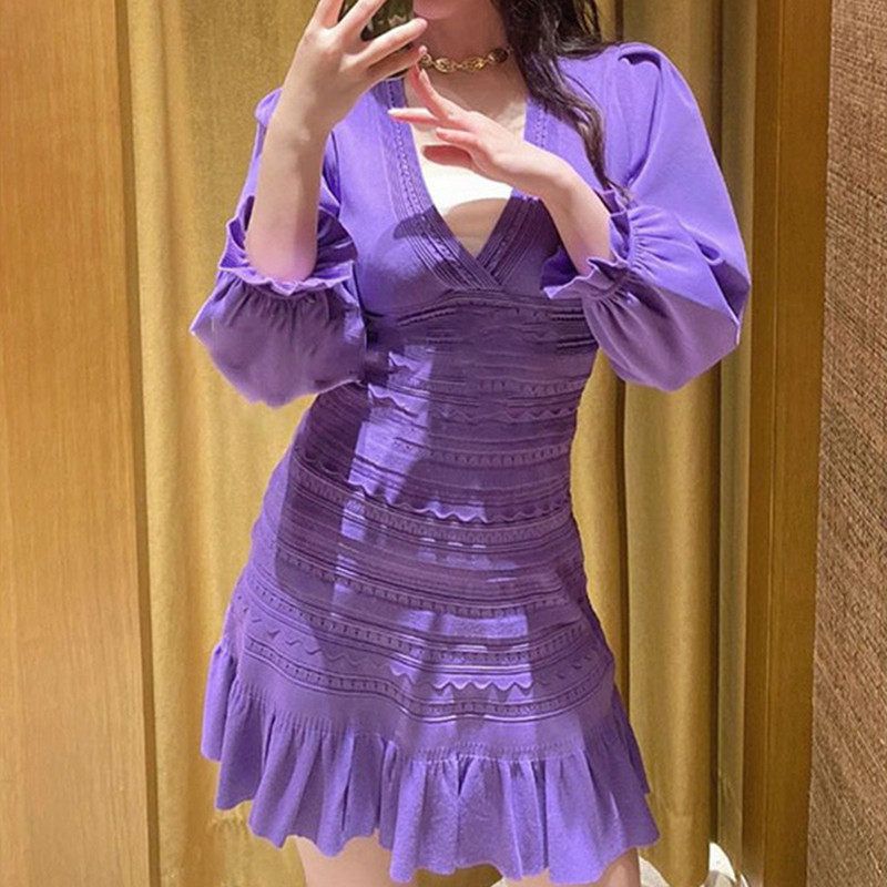 法单S家 2023春夏法式优雅修身灯笼袖镂空精致V领修身针织连衣裙,女装/女士精品,连衣裙,淘宝优惠券,粉丝福利购,淘宝优惠卷