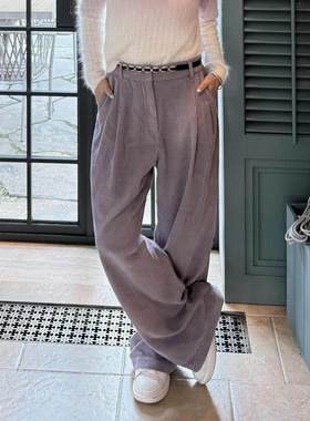 BS25新款秋季法式薰衣草紫色灯芯绒阔腿裤直筒高腰长裤 1H25VEDW