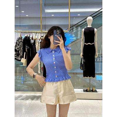 法单S家 夏清新甜美娃娃领缩褶修身荷叶边金属扣装饰衬衫上衣女
