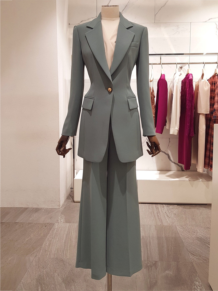 2024 가을 새로운 패션 유행 통근 OL 허리 바지 슬림 피트 원 버튼 블레이저 여성 정장