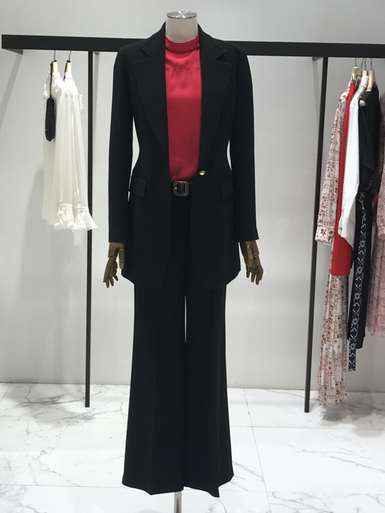 2024 가을 새로운 패션 유행 통근 OL 허리 바지 슬림 피트 원 버튼 블레이저 여성 정장