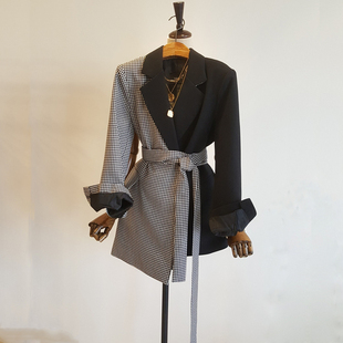 女不規則系帶收腰西服外套ins 2025春秋復古設計感格子拼接小西裝