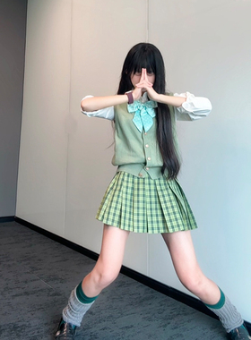 北璃酱jk原创小青梅女学生制服领套头背心毛衣马甲套装百褶半身裙