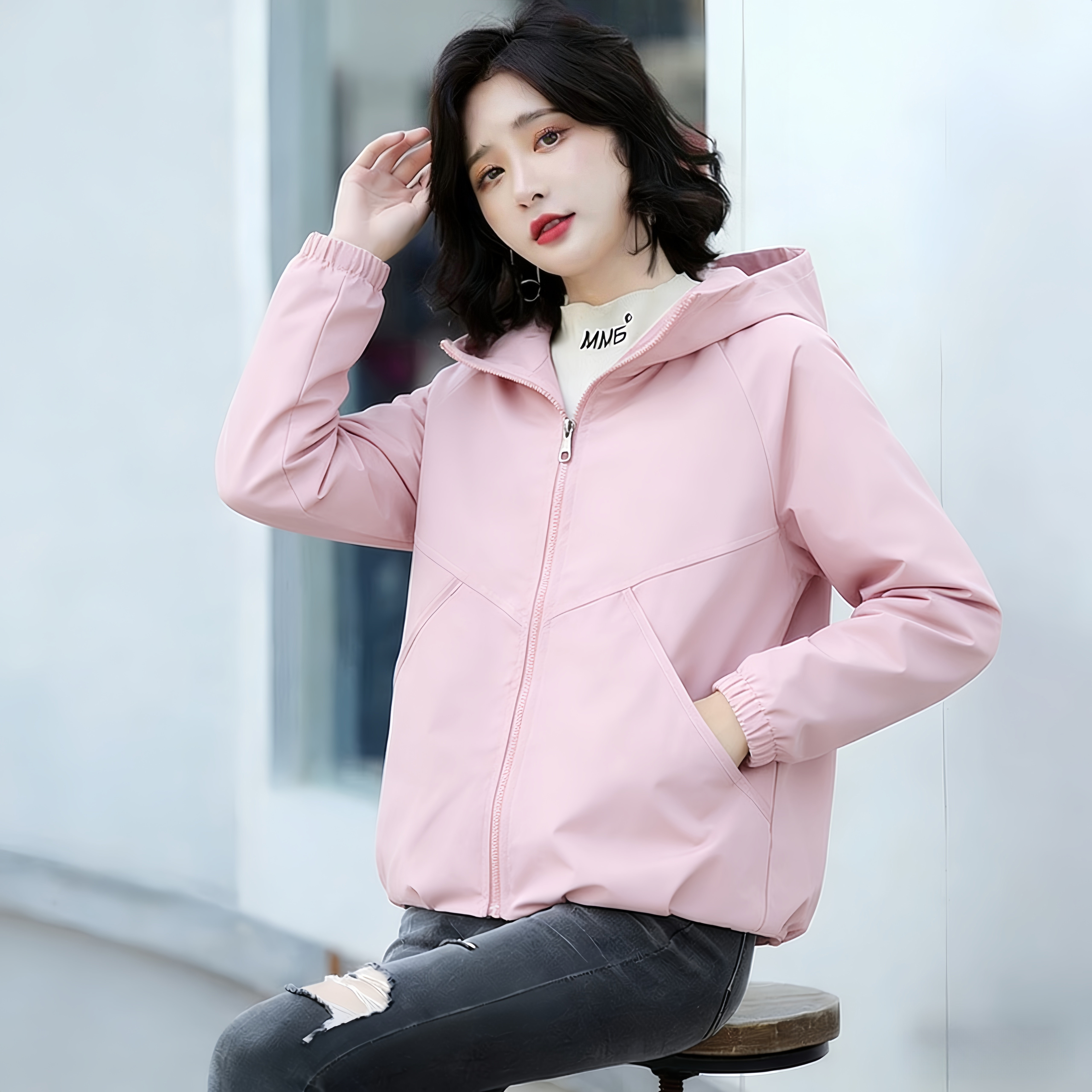 春秋欧货连帽双层防风衣女外套