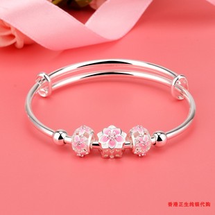 正品香港正生纯银花朵kt猫宝宝手镯足银999送新生儿女宝生日周岁