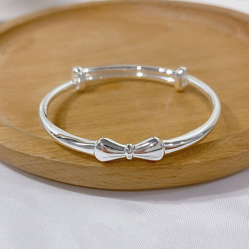 正品香港正生蝴蝶结纯银实心推拉手镯足银9999女小孩中童学生银镯