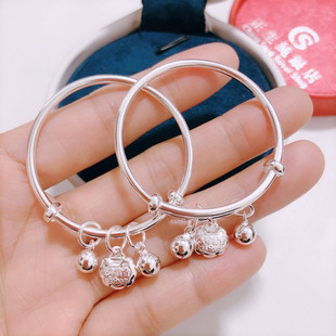 正品香港正生纯银宝宝长命富贵铃铛手镯足银999送婴儿满月周岁礼