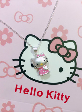 香港正生纯银s925大版粉kt猫项链女儿童卡通可爱红书甜美抖音同款