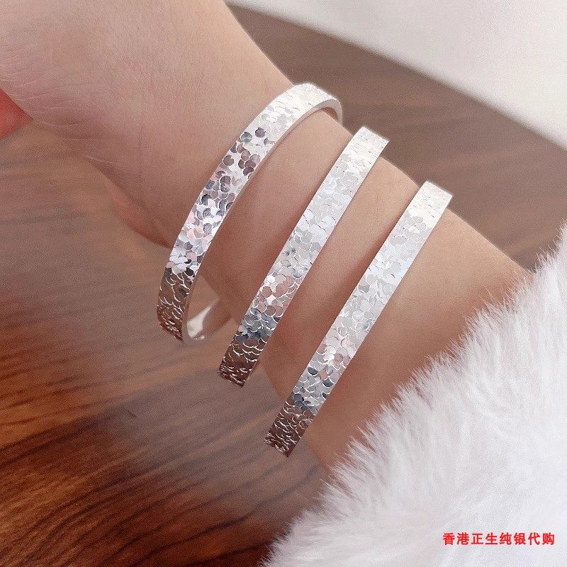 香港正生碎冰冰银手镯足银s999实心闭口纯银爆闪送闺蜜女朋友礼物