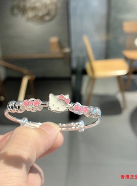 香港正生纯银S999宝宝手镯卡通可爱滴油kt猫HelloKitty送女童礼物