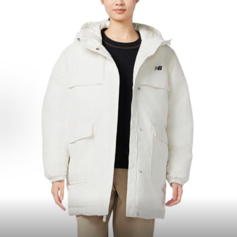 New Balance 纯色连帽中长款保暖羽绒服 女款 白色AWJ33332-CIC