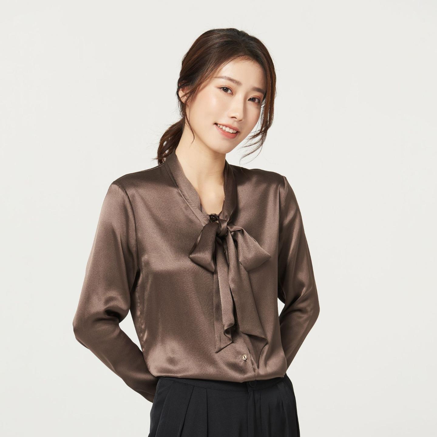 重磅桑蚕丝飘带衬衫女款春秋新款长袖打底V领蝴蝶结女式真丝衬衣