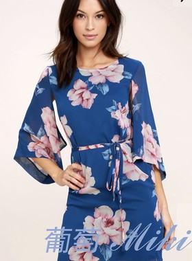 洛杉矶lulus和服袖圆领印花雪纺连衣裙 女人味牛货59美刀