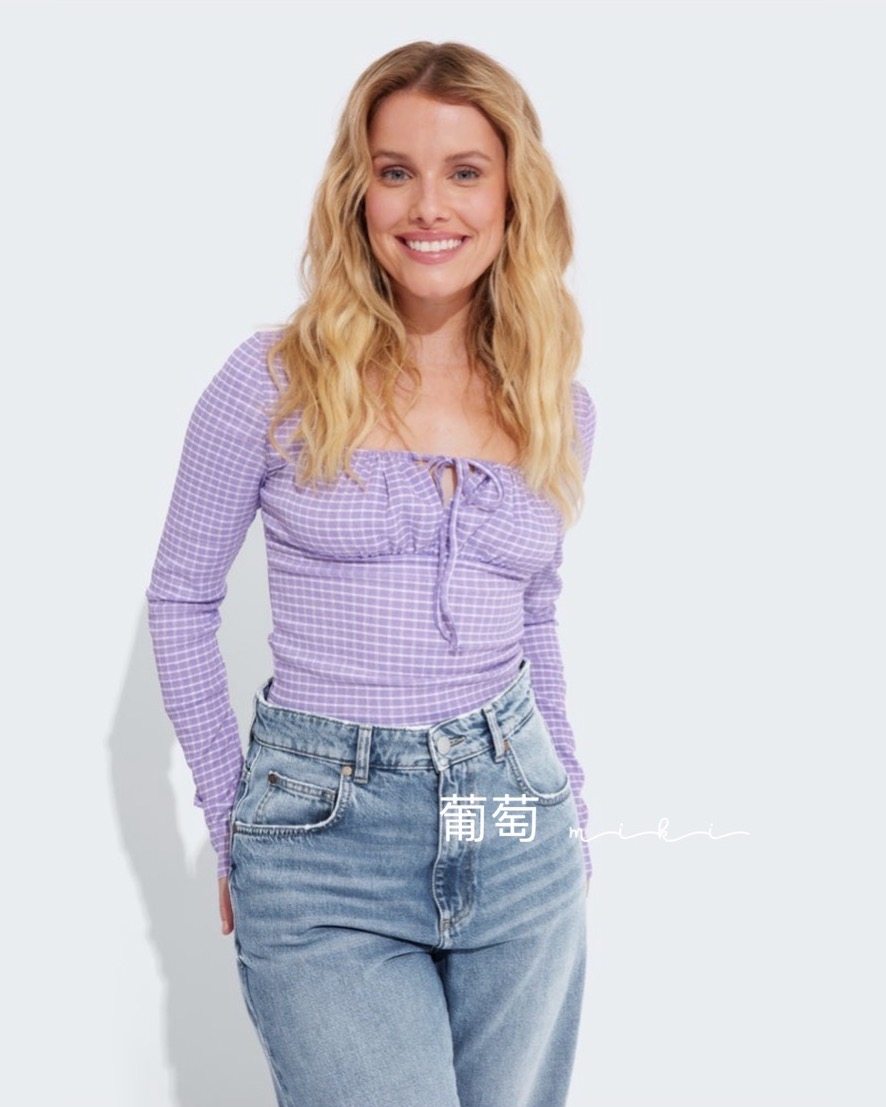 春季新款 英国单百搭品质感甜美方领修身长袖套头上衣