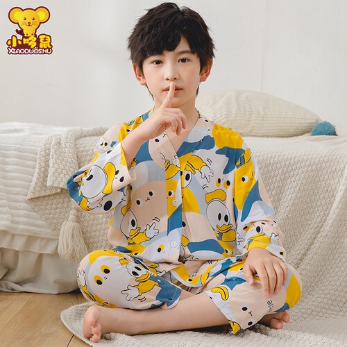 夏季男童长袖长裤棉绸睡衣套装宝宝开衫夏天家居服儿童空调服薄款