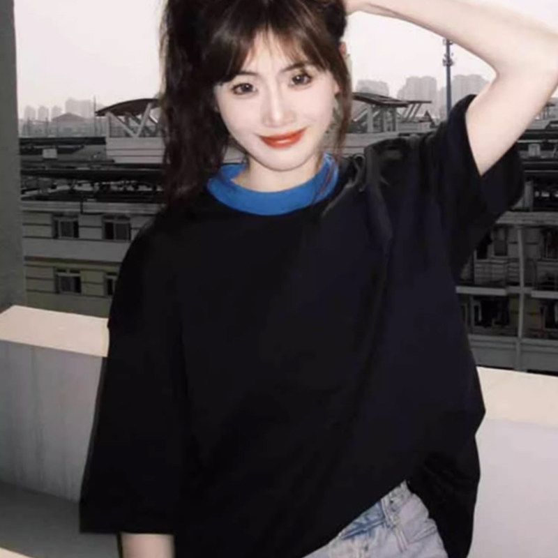 短袖百搭常规宽松遮肉金丝绒女