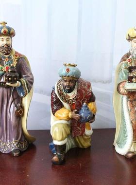外贸出口乡村彩绘马槽组雅致陶瓷人物三王圣诞场景摆件装饰品礼物