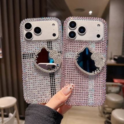 满屏镶钻镜子手机壳闪钻保护套卡通支架奢华女款适用于苹果iPhone17 16 15 14 13手机