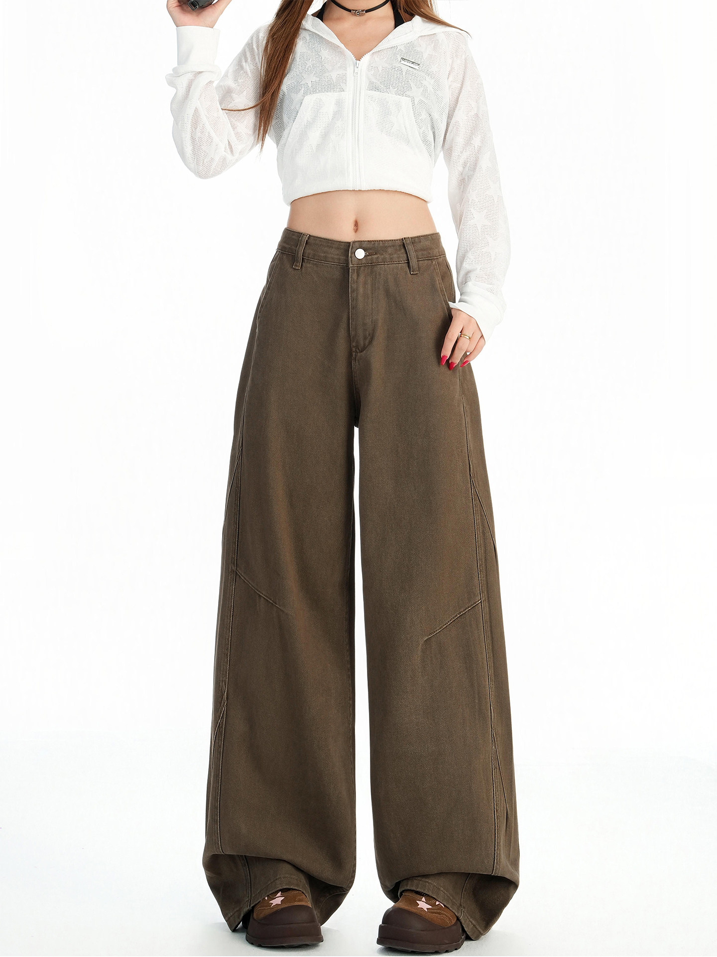 Melard Brown Coffee-Colored High-Waisted Wide-Leg Jeans for Women, Autumn 2025 New Style, Loose, Slimming, Drapey Straight-Leg Pants