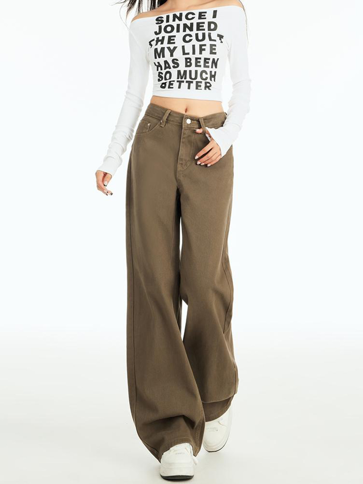 Khaki American-Style High-Waisted Wide-Leg Jeans for Women, Autumn 2025 New Versatile Loose Slimming Drape Straight-Leg Pants