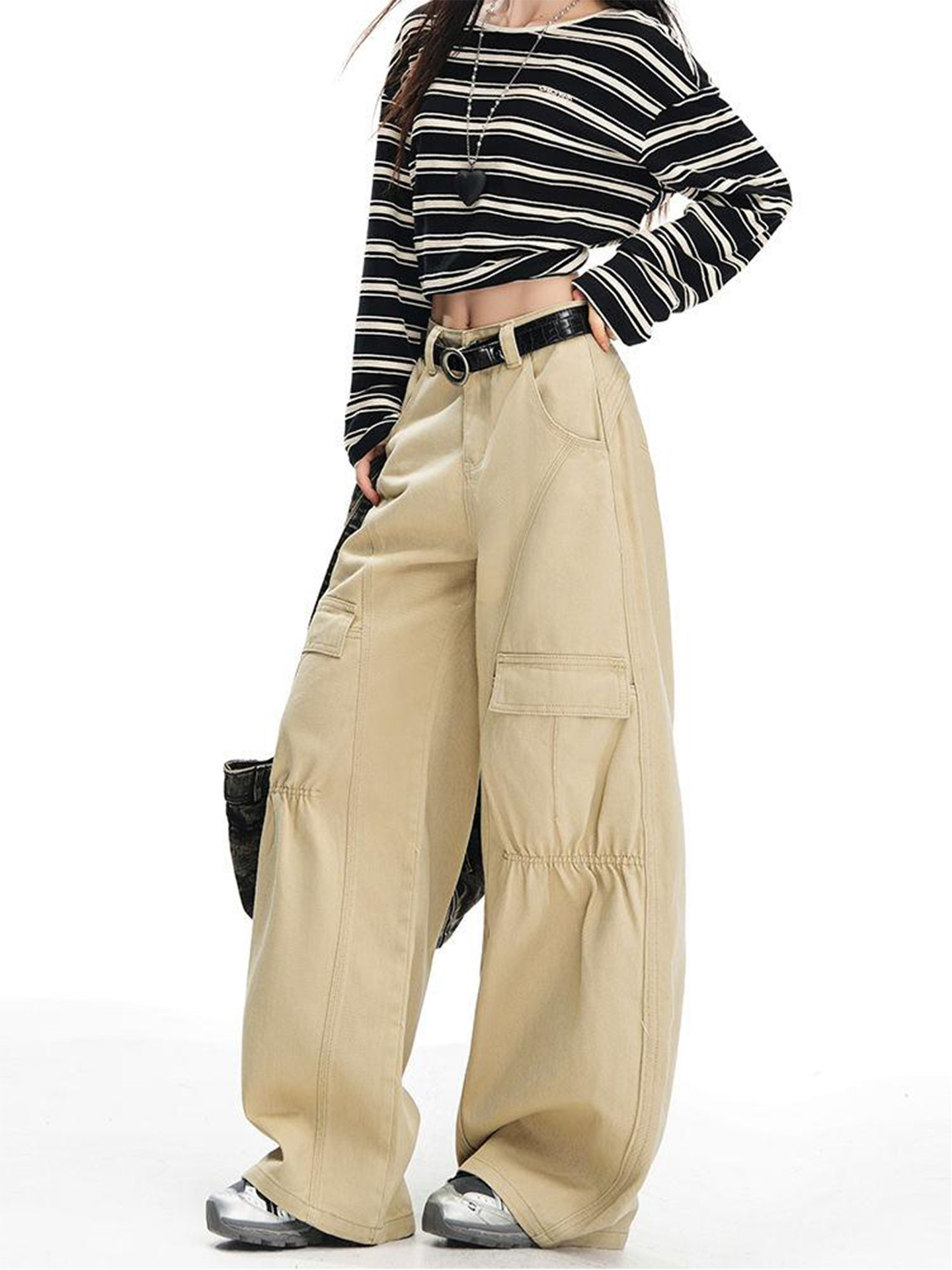 American Khaki Wide Leg Denim Women's Autumn 2025 New arrival high waist Multi-Pocket Design Loose parka Pants