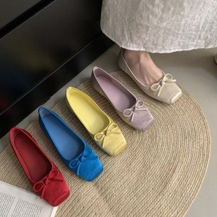 蓝色lo芭蕾鞋绸缎玛丽珍女鞋配裙子红色婚鞋平底方头猪鼻子单鞋