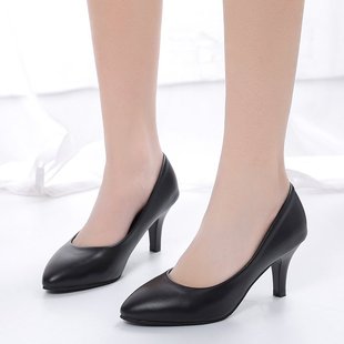 不累脚静音公务员公考面试高跟鞋女职业空乘黑色真皮ol通勤工作鞋