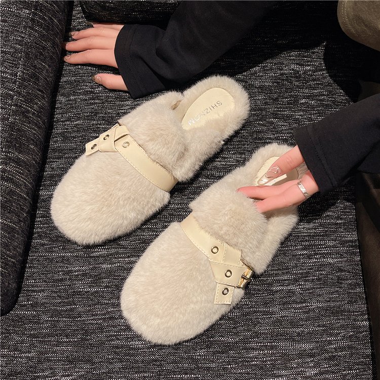 巨好看厚底加绒仙女风水貂半拖鞋女外穿2025新款秋冬天保暖棉拖鞋