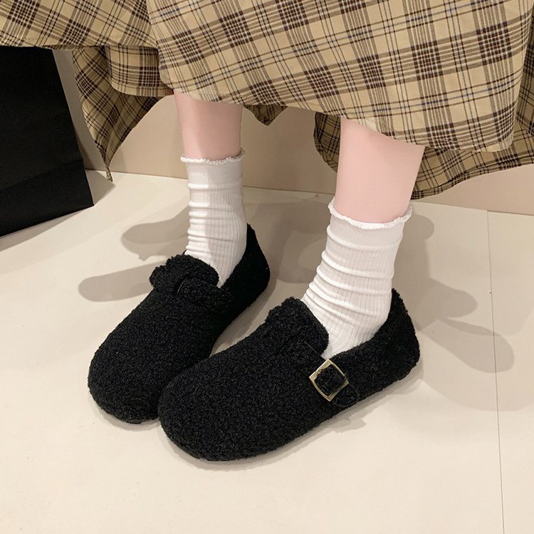 方叔2025春季新款一脚蹬圆头棉单鞋绒面平底深口2025年冬季橡