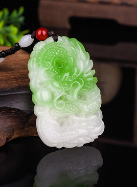 新疆和田玉翠绿色白玉龙牌吊坠白玉游龙戏珠挂件项链生肖龙玉坠