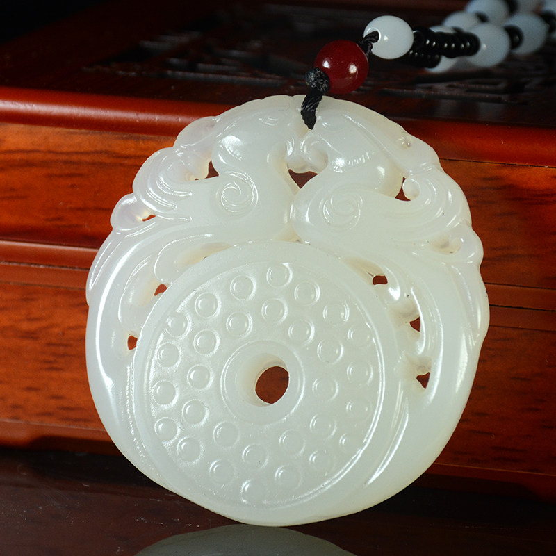 天然和田玉仿古龙凤平安扣挂件白玉凤吊坠白玉镂空双凤护主玉佩