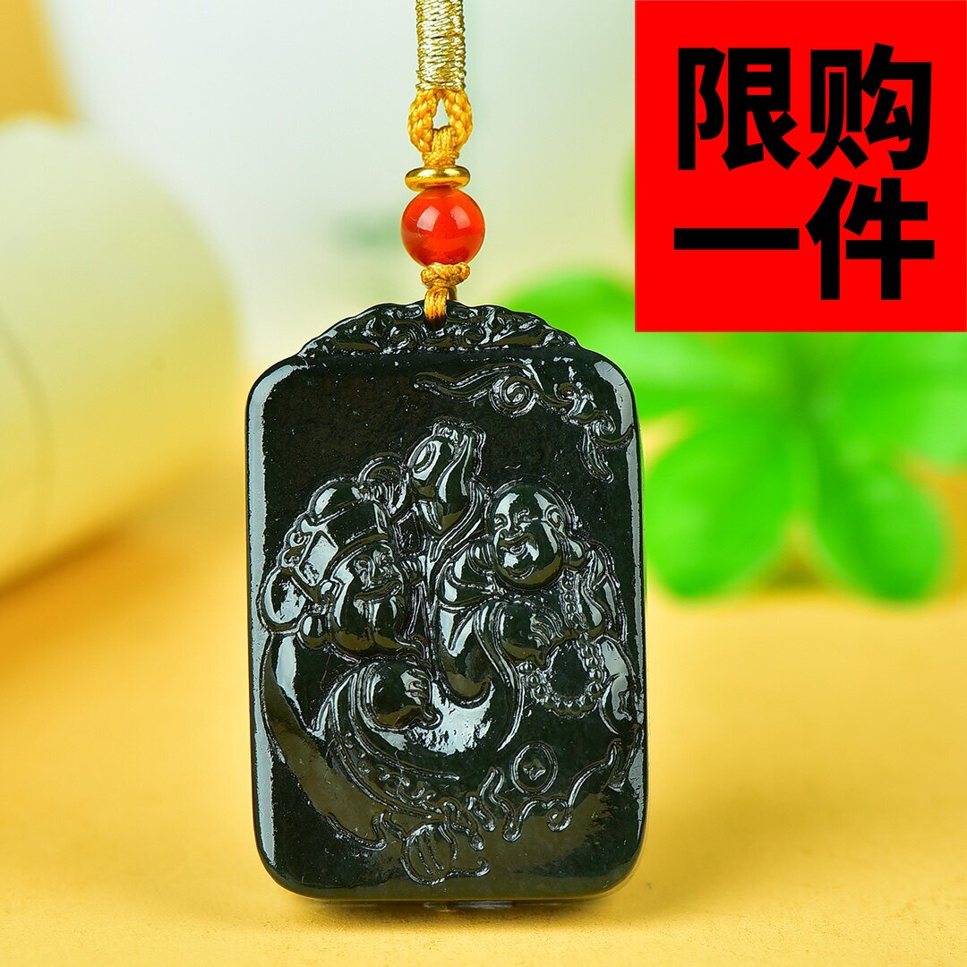 天然和田玉青玉官赐福挂件新疆玉财神笑佛人财两旺吊坠玉坠玉佩
