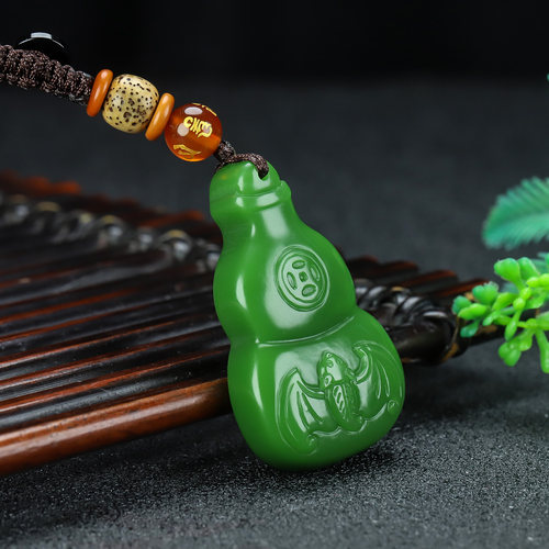 和田玉碧玉葫芦汽车钥匙扣玉坠菠菜绿福在眼前蝙蝠玉钱包挂钥匙扣