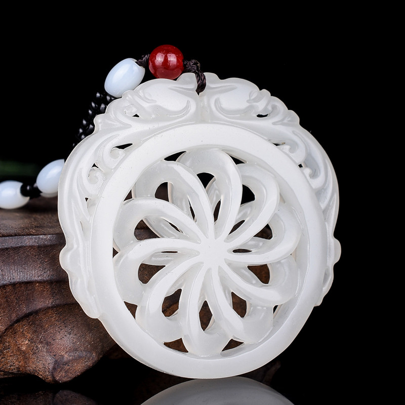 和田玉转运花吊坠白玉双凤吉祥花挂件双面镂空仿古龙凤玉佩玉坠