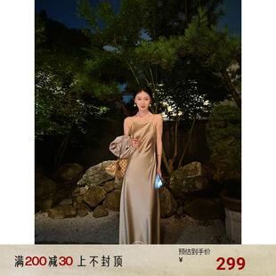 鹭青一原创【琼芳】醋酸吊带连衣裙女夏45度斜裁高级缎面A字长裙