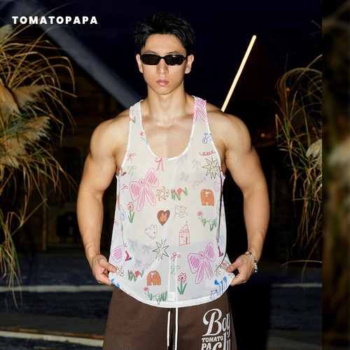 TOMATOPAPA涂鸦印花背心宽松套头休闲旅游男女度假风薄款雪纺无袖