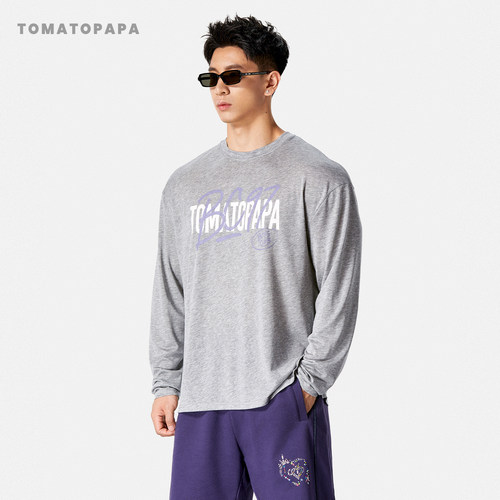 TOMATOPAPA字母印花长袖T恤男士莱赛尔宽松圆领套头落肩运动健身t
