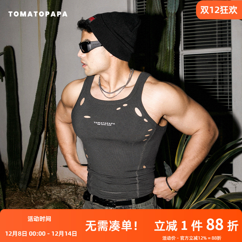 TOMATOPAPA美式背心2025春夏新款定制烧花破洞显身材训练健身运动