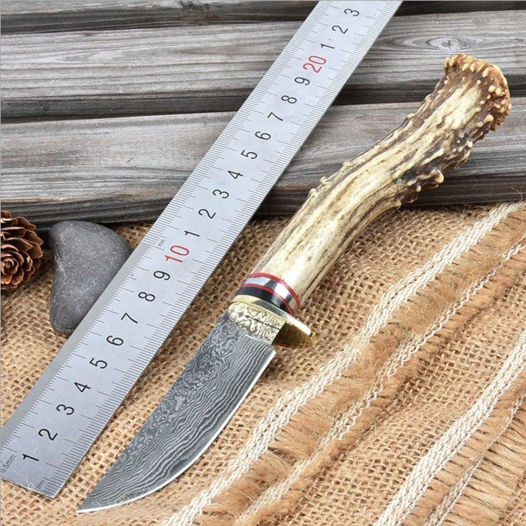 大马士革钢刀天然鹿角铜头户外锋利直刀不锈钢高硬度花纹钢包邮|ruв категории открытый/альпинизм/в поход/Поездки товаров, инструмент/многоцелевой инструмент, Другие открытый инструмент - от Buy2taobao.com для оказания профессиональной услуги покупки агента Taobao