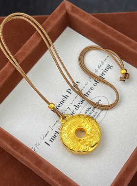 璞佐金店同款沙金如意牡丹花百福平安扣吊坠项链新中式国风毛衣链