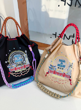 新款夏季灯带摩天轮龙环保袋万针刺绣时尚百搭通勤大容量单肩包潮