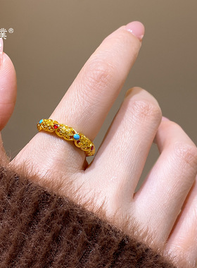 璞佐金店同款沙金珐琅彩镂空花丝戒指女轻奢高级感百搭指环送女友