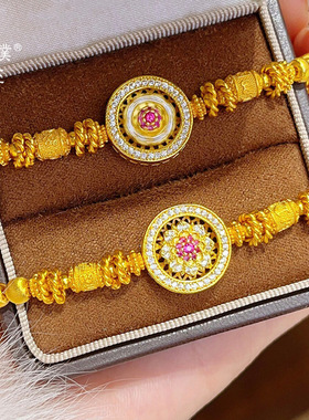 璞佐金店同款沙金镶钻宝相花罗盘手链可旋转莲花猫眼转运珠手串女