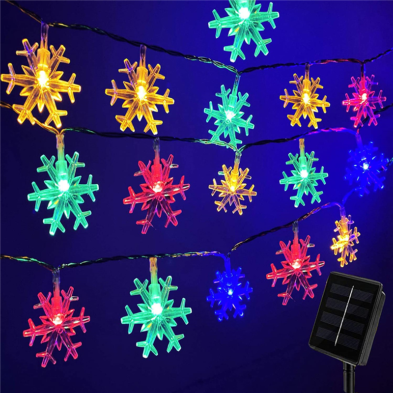 LED太阳能小彩灯雪花铃铛圣诞树装饰灯串户外防水闪灯庭院布置灯