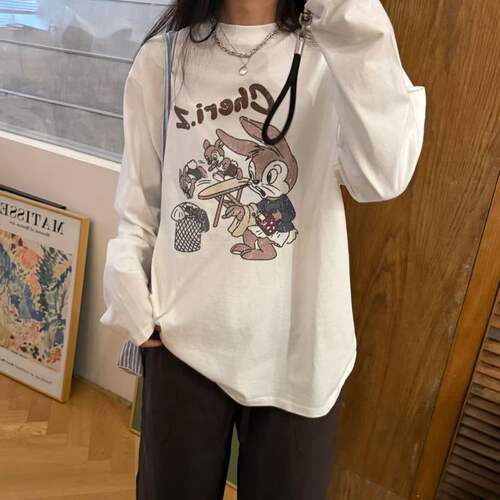 Eleven美式纯棉水洗卡通兔子长袖T恤女复古宽松慵懒遮肉打底上衣