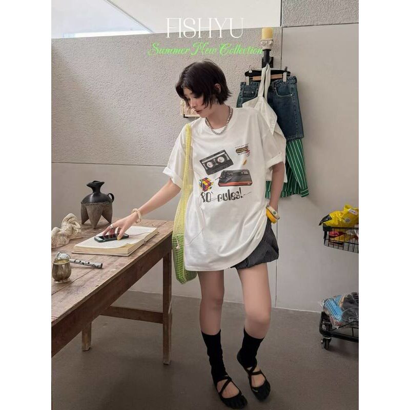 FISHYU复古80年代磁带游戏机印花短袖T恤女26夏新宽松慵懒风上衣